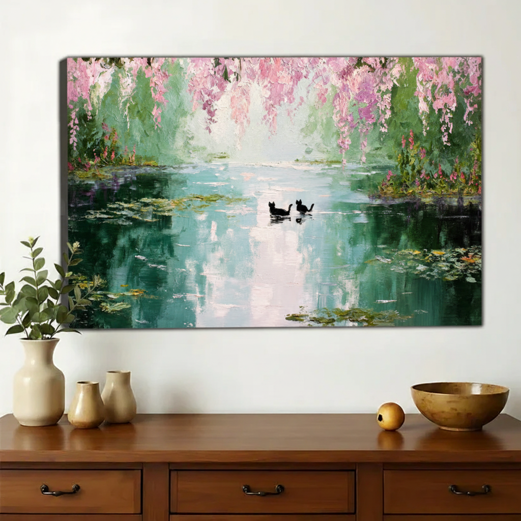 Two Black Cats on Monet's Lily Pond Wall Art – Impressionist Oil Painting Canvas Print on Natural Wood Frame | W2217