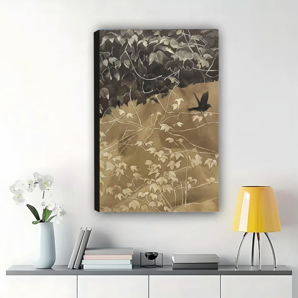 Crow Among Ivy Leaves Wall Art – Japanese Ink Painting Canvas Print on Natural Wood Frame | W2155