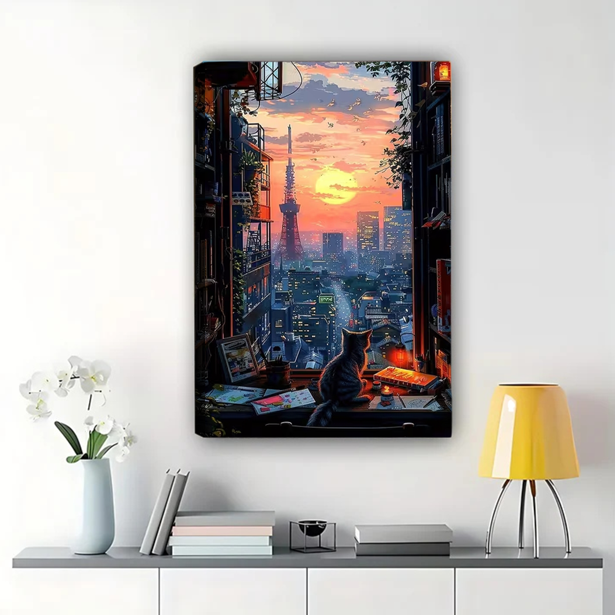 Tokyo Tower Sunset Cat Canvas Art - Japanese Cityscape Window View Print|W1153