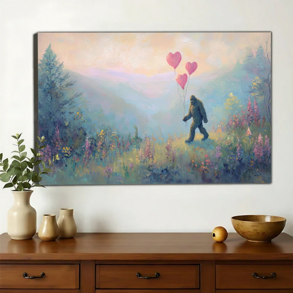 Bigfoot with Pink Balloons Wall Art – Whimsical Forest Bigfoot Canvas Print on Natural Wood Frame | W2417