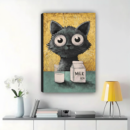 Fluffy Black Cat with Milk Carton Wall Art – Cute Quirky Cat Canvas Print on Natural Wood Frame | W2107