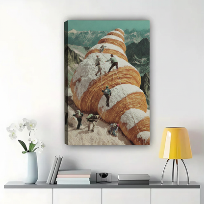 Mountaineers Climbing a Giant Croissant Wall Art – Surrealist Food Collage Canvas Print on Natural Wood Frame | W2198