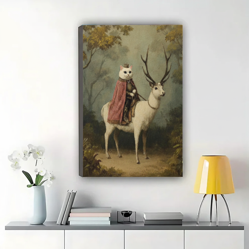 Royal Cat Riding White Stag Wall Art – Whimsical Dark Fantasy Canvas Print on Natural Wood Frame | W2269