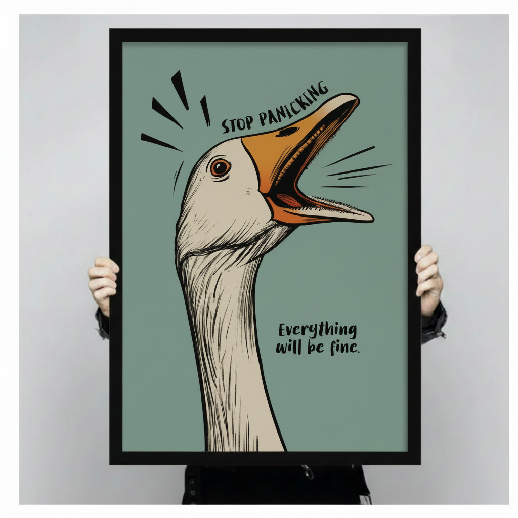 Goose Stop Panicking stretched canvas print — witty anxiety humor wall art for dorm room and apartment decor