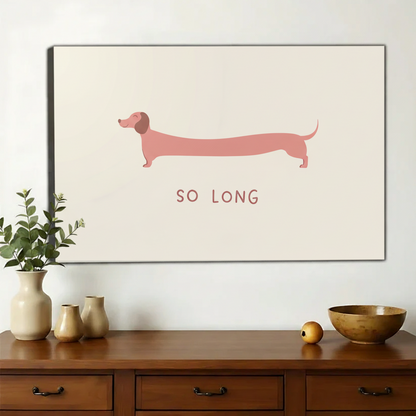 Pink Dachshund "So Long" Wall Art – Minimalist Sausage Dog Canvas Print on Natural Wood Frame | W2405