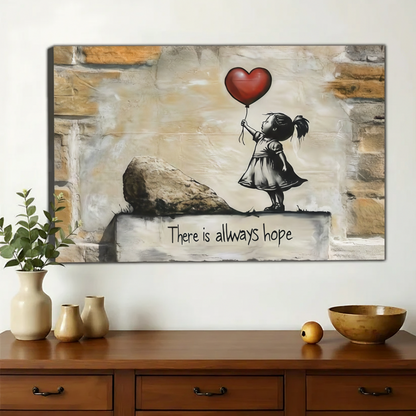 There is Always Hope – Banksy Inspired Girl with Red Balloon Wall Art on Natural Wood Canvas | W2029