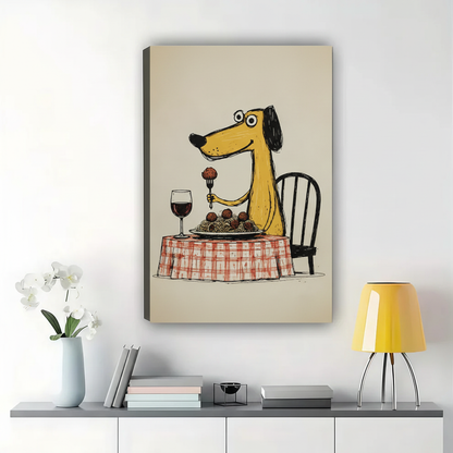 Dog Dining on Spaghetti Wall Art – Whimsical Cartoon Dog Canvas Print on Natural Wood Frame | W2311