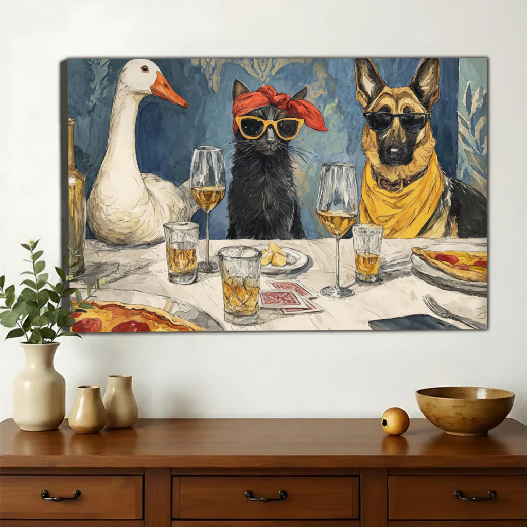 Last Supper Party Animals – Retro Humorous Wall Art on Natural Wood Canvas | W910
