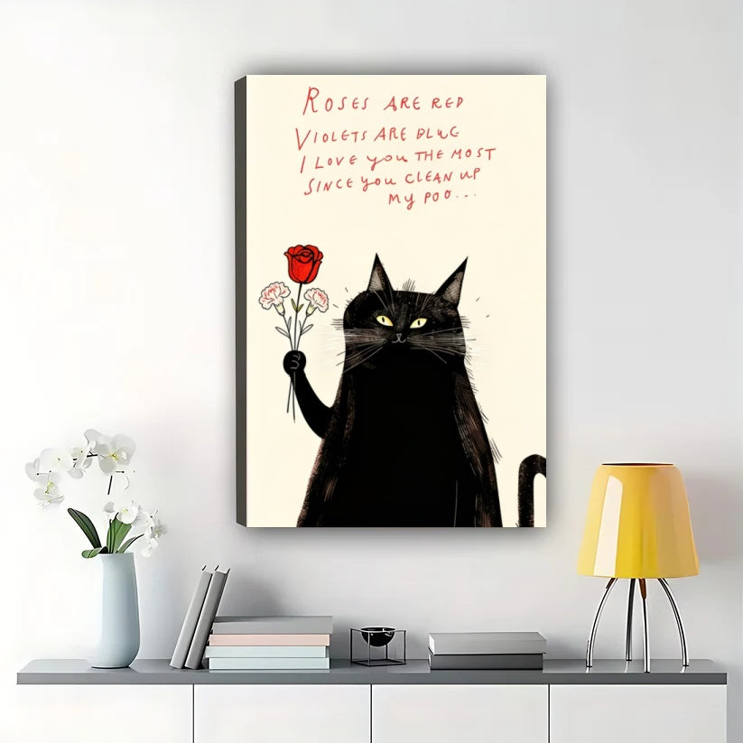 Black Cat with Rose & Romantic Poem – Humorous Valentine’s Wall Art on Natural Wood Canvas | W742