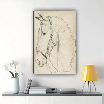 Minimalist Horse Head Sketch – Modern Equine Wall Art on Natural Wood Canvas | W824