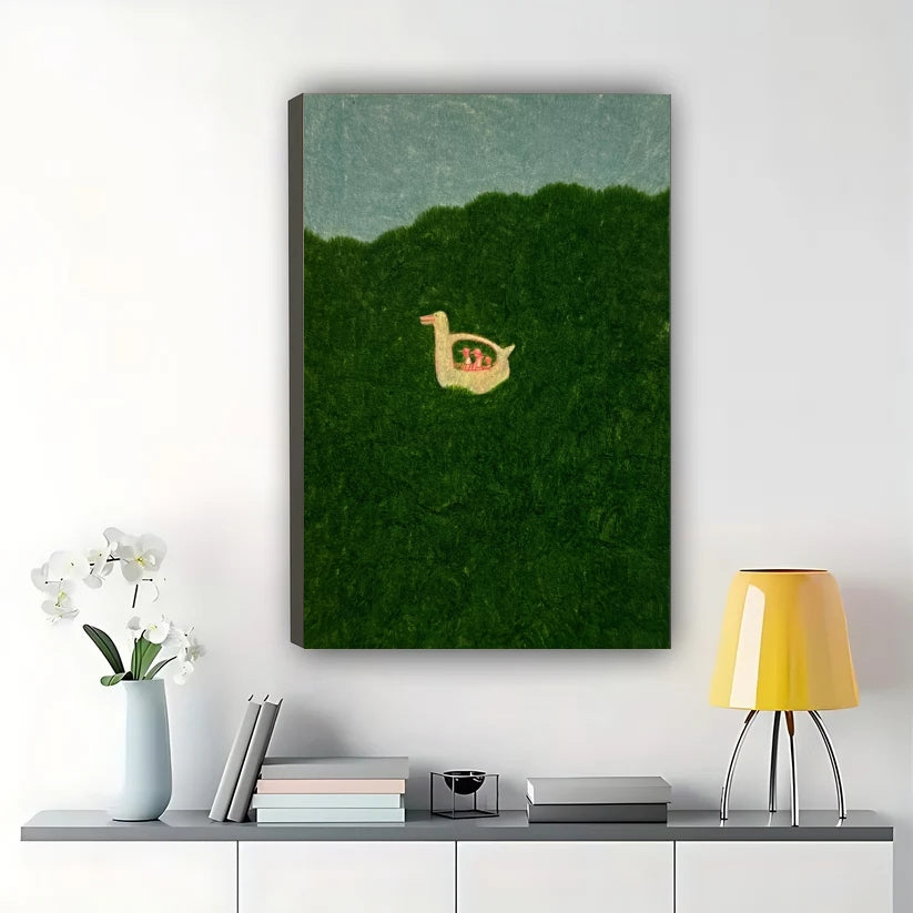 Minimalist Duck in Grass Wall Art – Cute Whimsical Duck Canvas Print on Natural Wood Frame | W2079