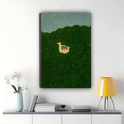 Minimalist Duck in Grass Wall Art – Cute Whimsical Duck Canvas Print on Natural Wood Frame | W2079