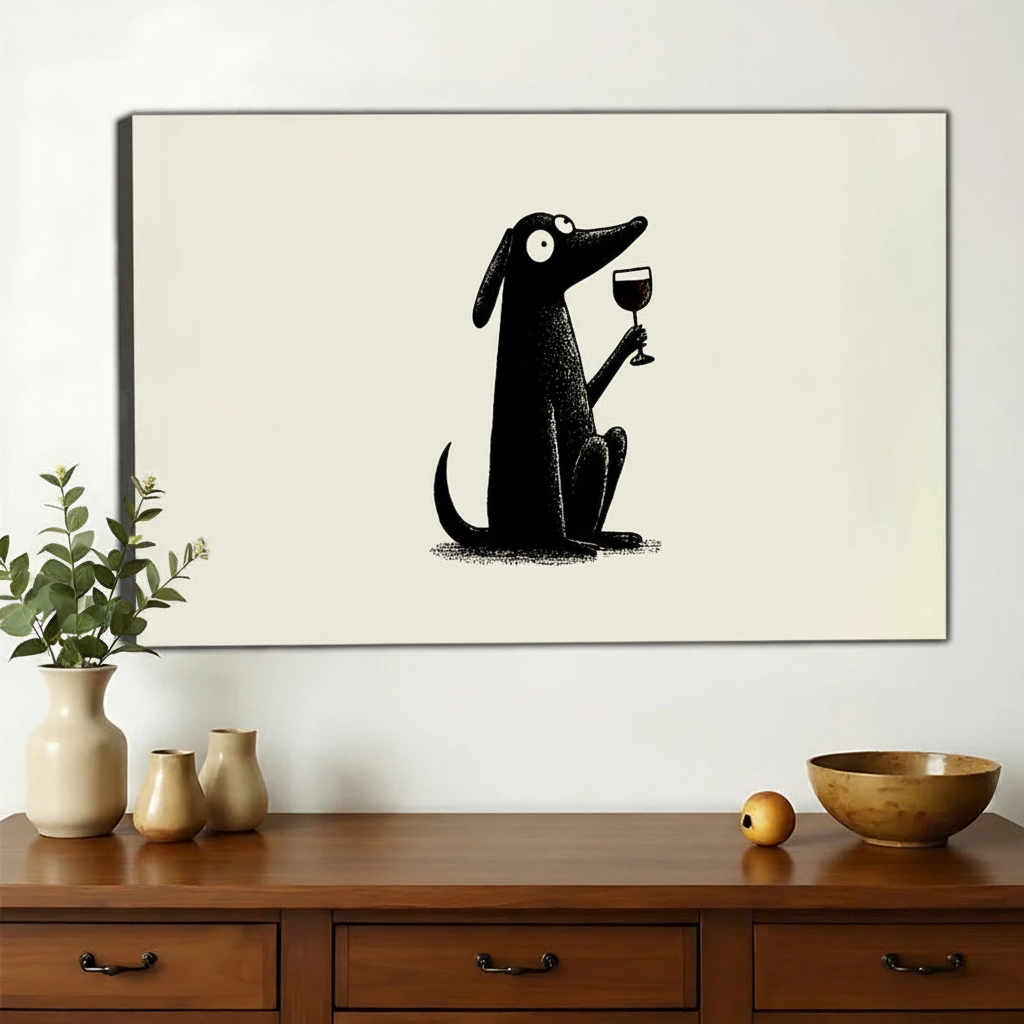 Black Dog with Wine Glass – Minimalist Luxe Wall Art on Natural Wood Canvas | W701