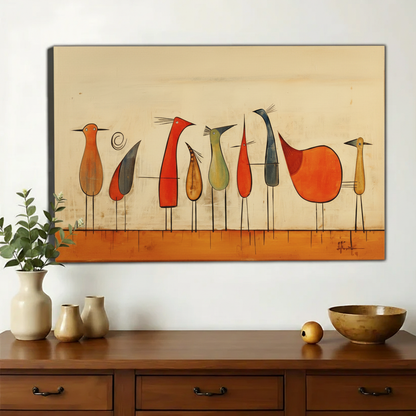 Abstract Birds on a Line Wall Art – Mid-Century Modern Canvas Print on Natural Wood Frame | W2291