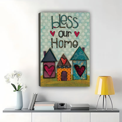 Bless Our Home Cozy House  Hearts – Warm Rustic Wall Art on Natural Wood Canvas | W750