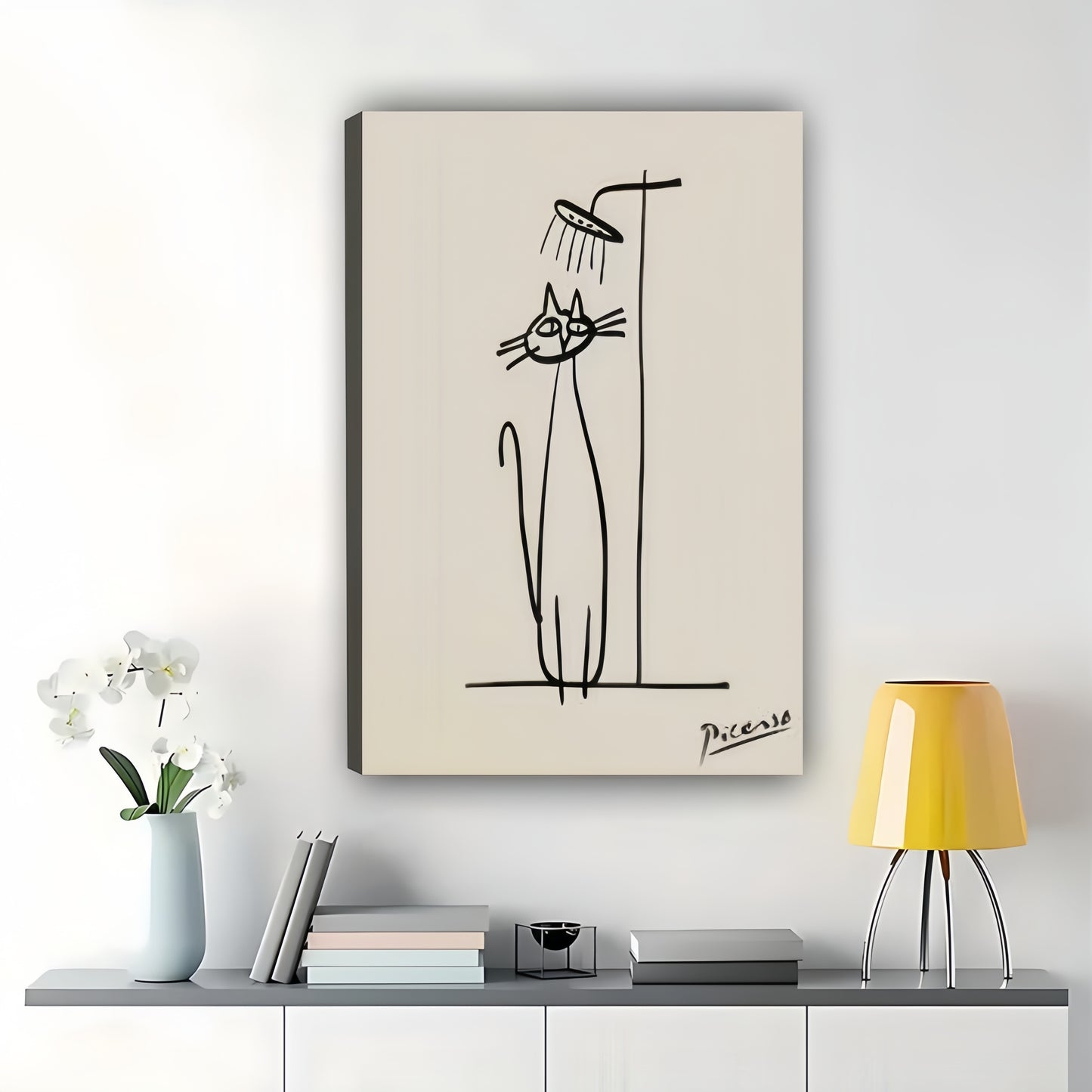 Picasso Cat Showering – Minimalist Bathroom Line Art Wall Art on Natural Wood Canvas | W905