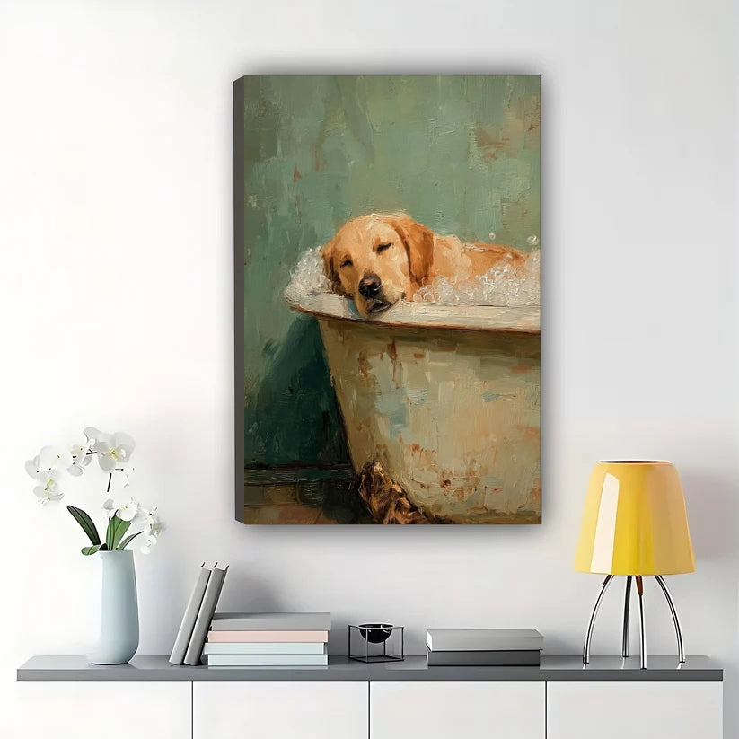 Golden Retriever Bath Time Wall Art – Cute Relaxed Dog Bathtub Framed Canvas Painting | W2114