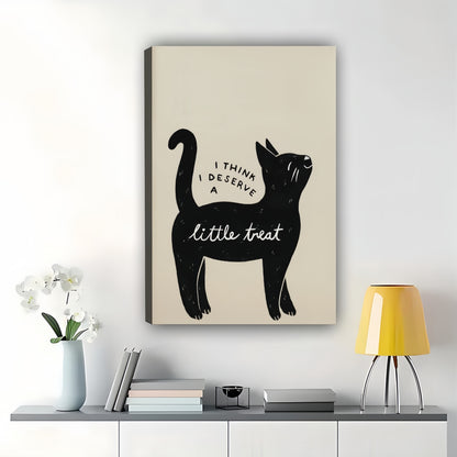 I Think I Deserve a Little Treat  Black Cat – Minimalist Humorous Wall Art on Natural Wood Canvas | W899