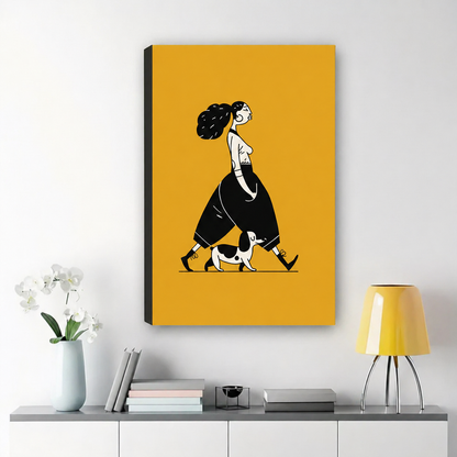 Stylish Woman Walking Her Dog Wall Art – Bold Graphic Illustration Canvas Print on Natural Wood Frame | W2170