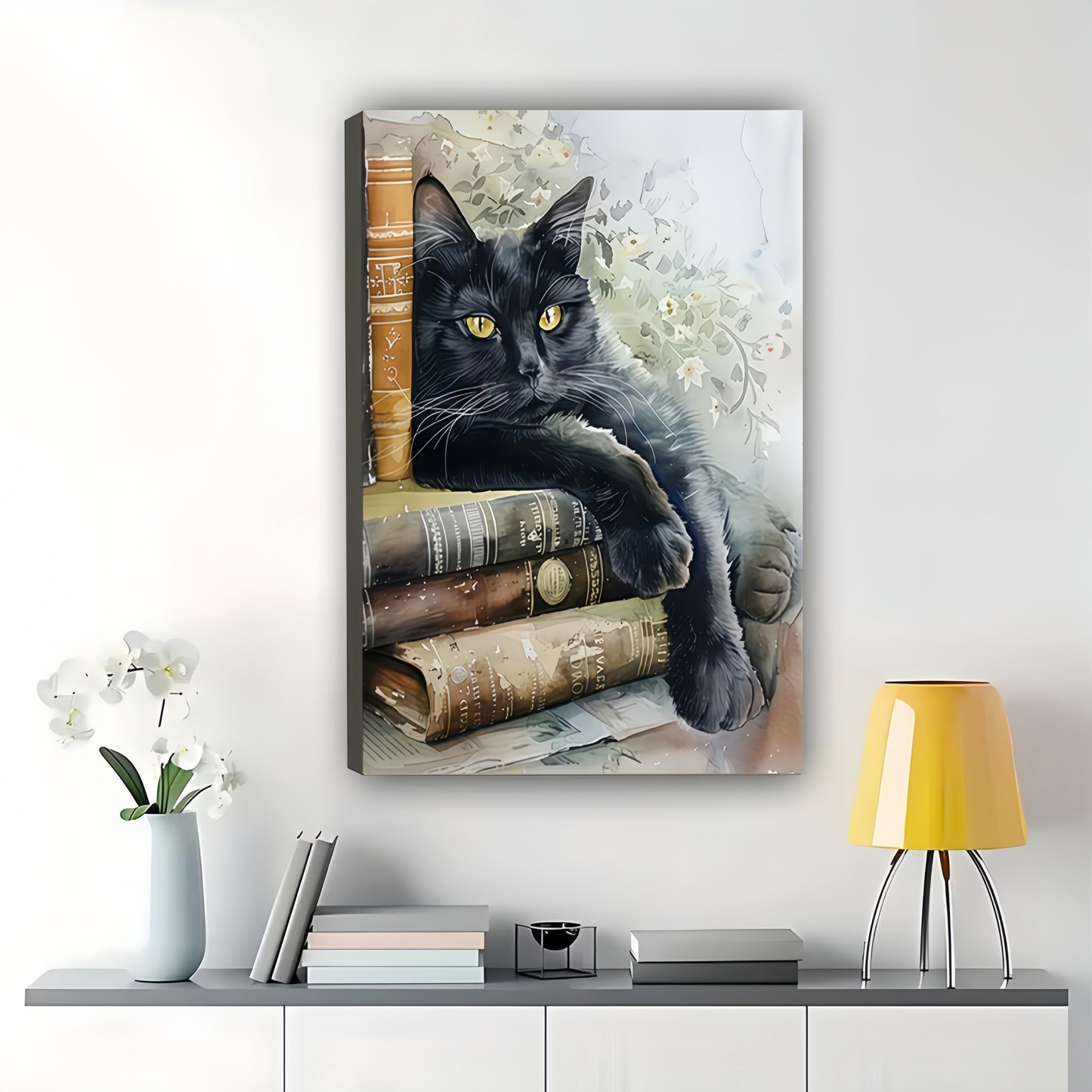 Book Lover Black Cat – Cozy Literary Watercolor Wall Art on Natural Wood Canvas | W2005
