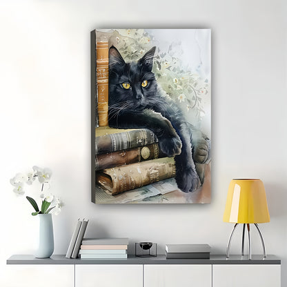 Book Lover Black Cat – Cozy Literary Watercolor Wall Art on Natural Wood Canvas | W2005