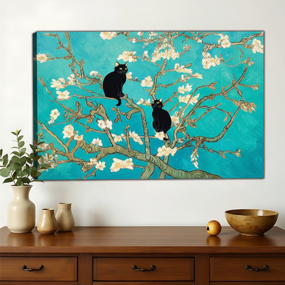 Black Cats on Van Gogh Almond Blossom – Artistic Floral Pet Wall Art on Natural Wood Canvas | W723