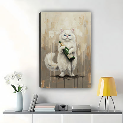 The Champagne-Toting White Cat – Artistic Luxe Wall Art on Natural Wood Canvas | W613