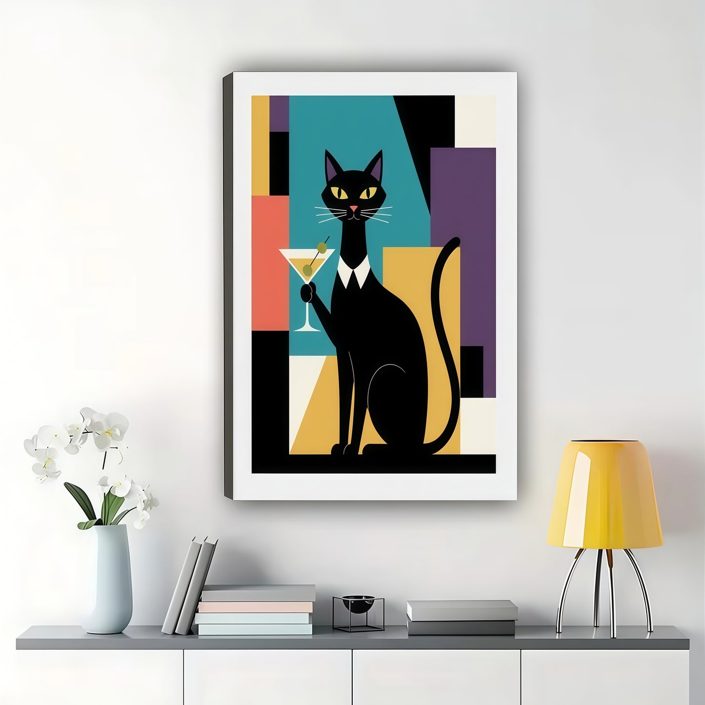 The Geometric Black Cat – Modern Mondrian-Style Wall Art on Natural Wood Canvas | W635