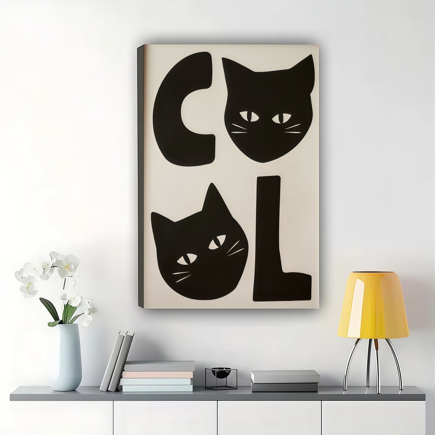 COOL Two Black Cats – Minimalist Mid-Century Wall Art on Natural Wood Canvas | W958