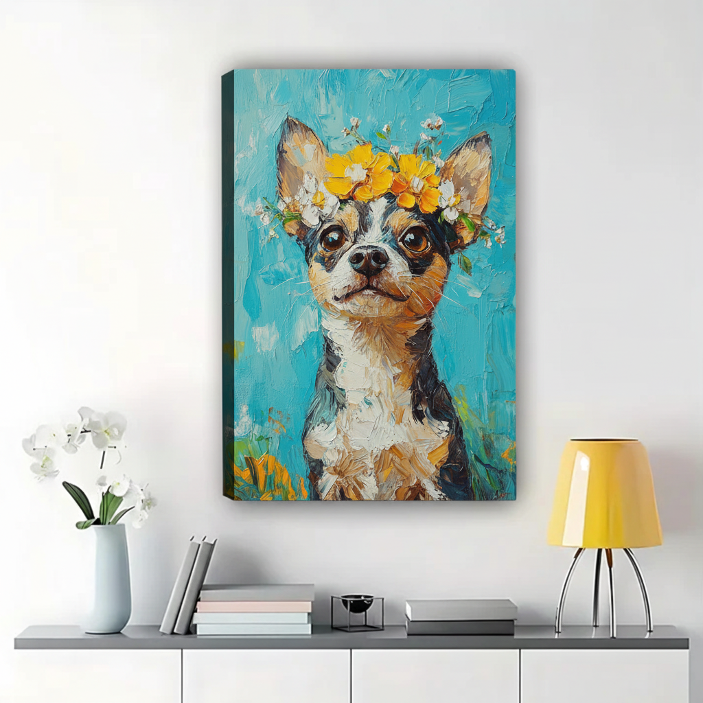 Chihuahua with Flower Crown Wall Art - Oil Painting Style Canvas Print|W1343