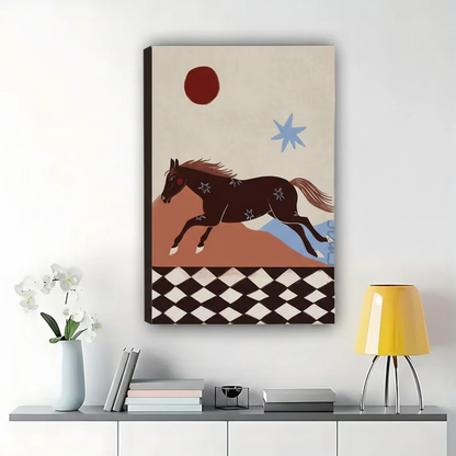 Star-Marked Horse at Full Gallop Wall Art – Bold Folk Art Canvas Print on Natural Wood Frame | W2159
