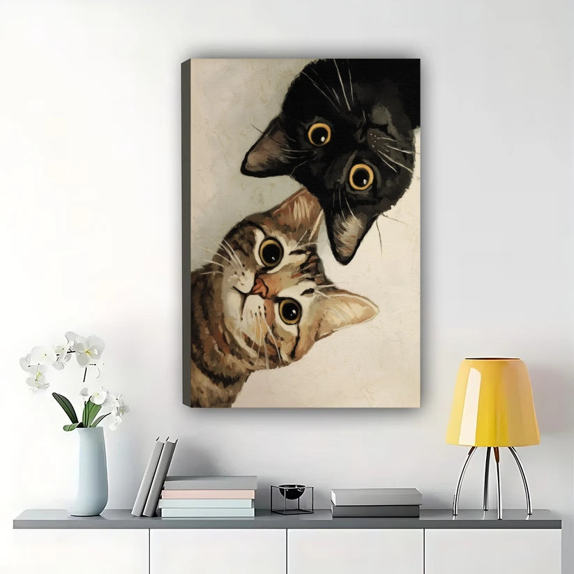Peeking Tabby & Black Cat – Whimsical Pet Wall Art on Natural Wood Canvas | W877