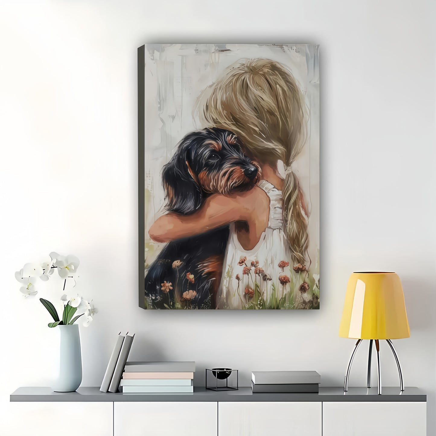 Girl Hugging Dachshund in Wildflowers – Heartwarming Pet Wall Art on Natural Wood Canvas | W988