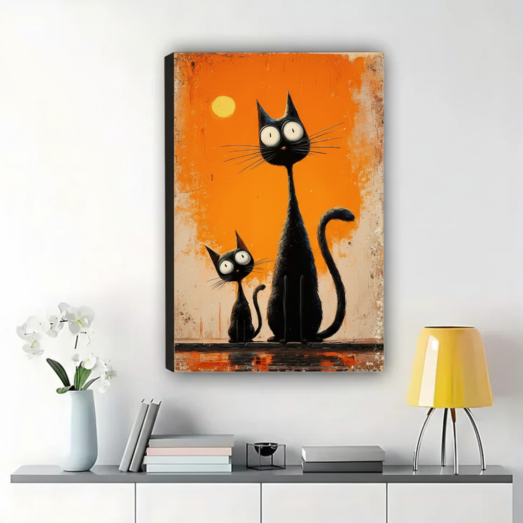 Big & Little Black Cats Under the Moon Wall Art – Whimsical Halloween Canvas Print on Natural Wood Frame | W2146