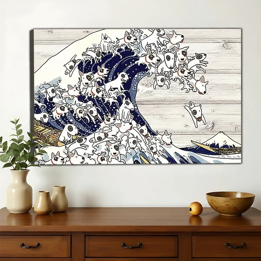 The Great Wave Dog – Ukiyo-e Inspired Artistic Wall Art on Natural Wood Canvas | W626