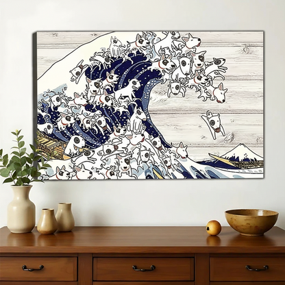 The Great Wave Dog – Ukiyo-e Inspired Artistic Wall Art on Natural Wood Canvas | W626