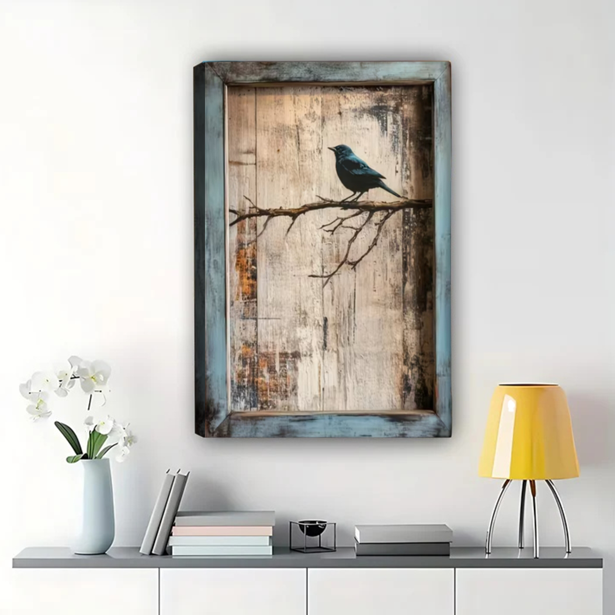 Blue Bird on Branch Wall Art - Rustic Vintage Print|W1294
