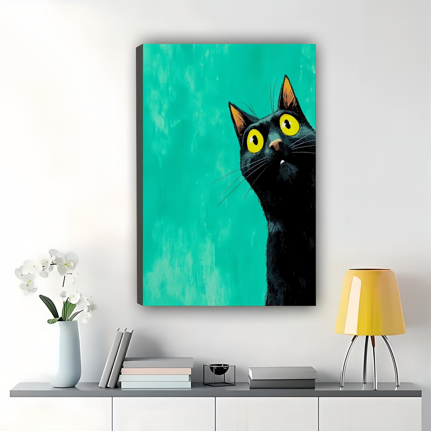 The Green-Background Big-Eyed Black Cat – Minimalist Cute Wall Art on Natural Wood Canvas | W673