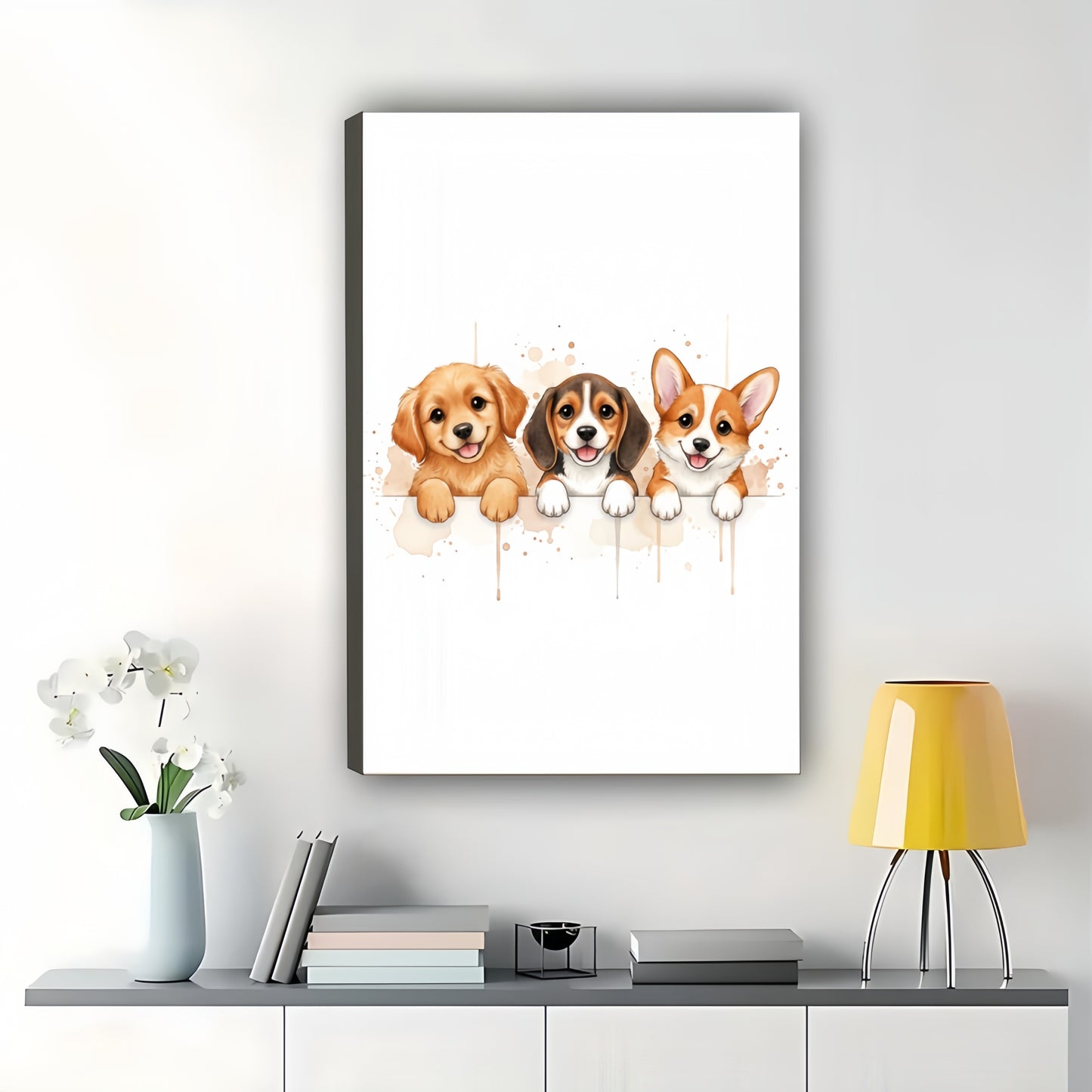 The Watercolor Corgi Trio – Cute Fresh Wall Art on Natural Wood Canvas | W647
