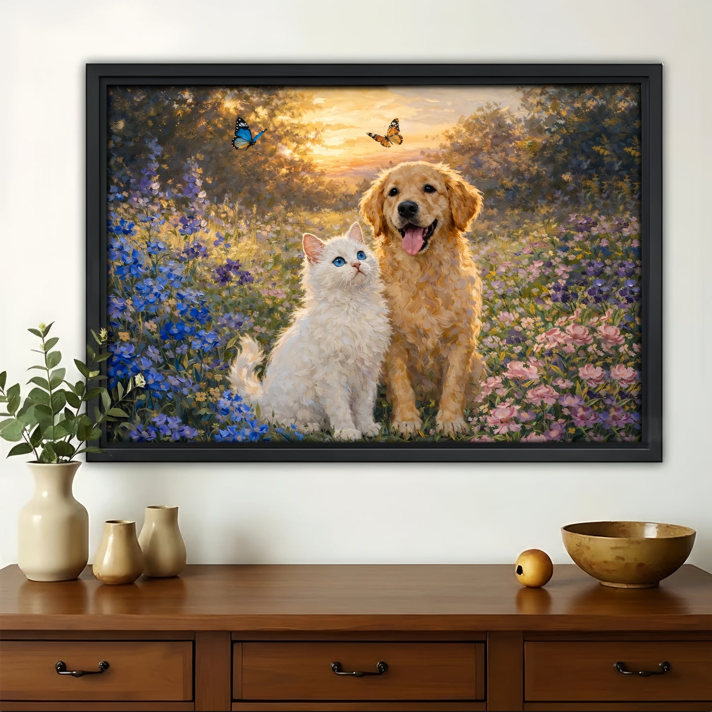 Golden Retriever and White Cat in Flower Garden - Impressionist Canvas Art| W1180