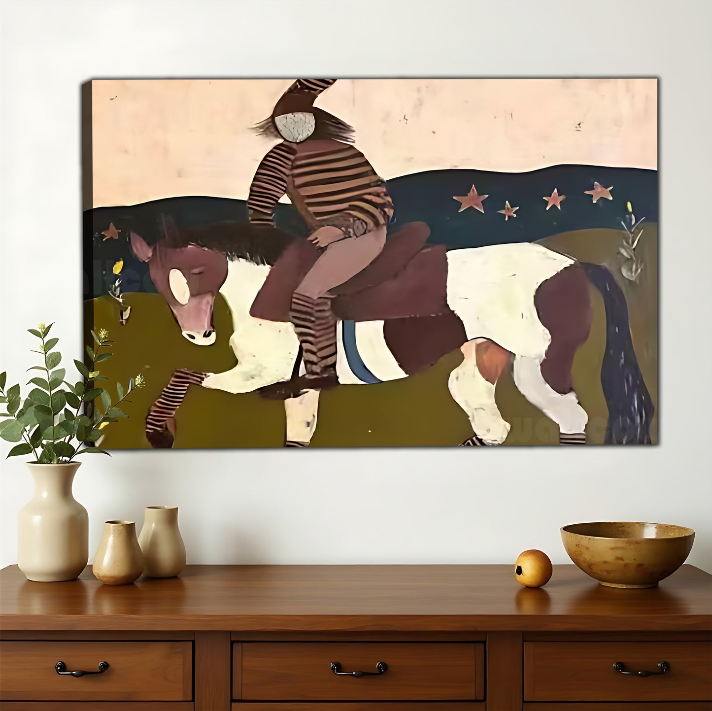 The Bohemian Horse Rider – Abstract Folk Wall Art on Natural Wood Canvas | W600