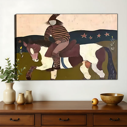 The Bohemian Horse Rider – Abstract Folk Wall Art on Natural Wood Canvas | W600