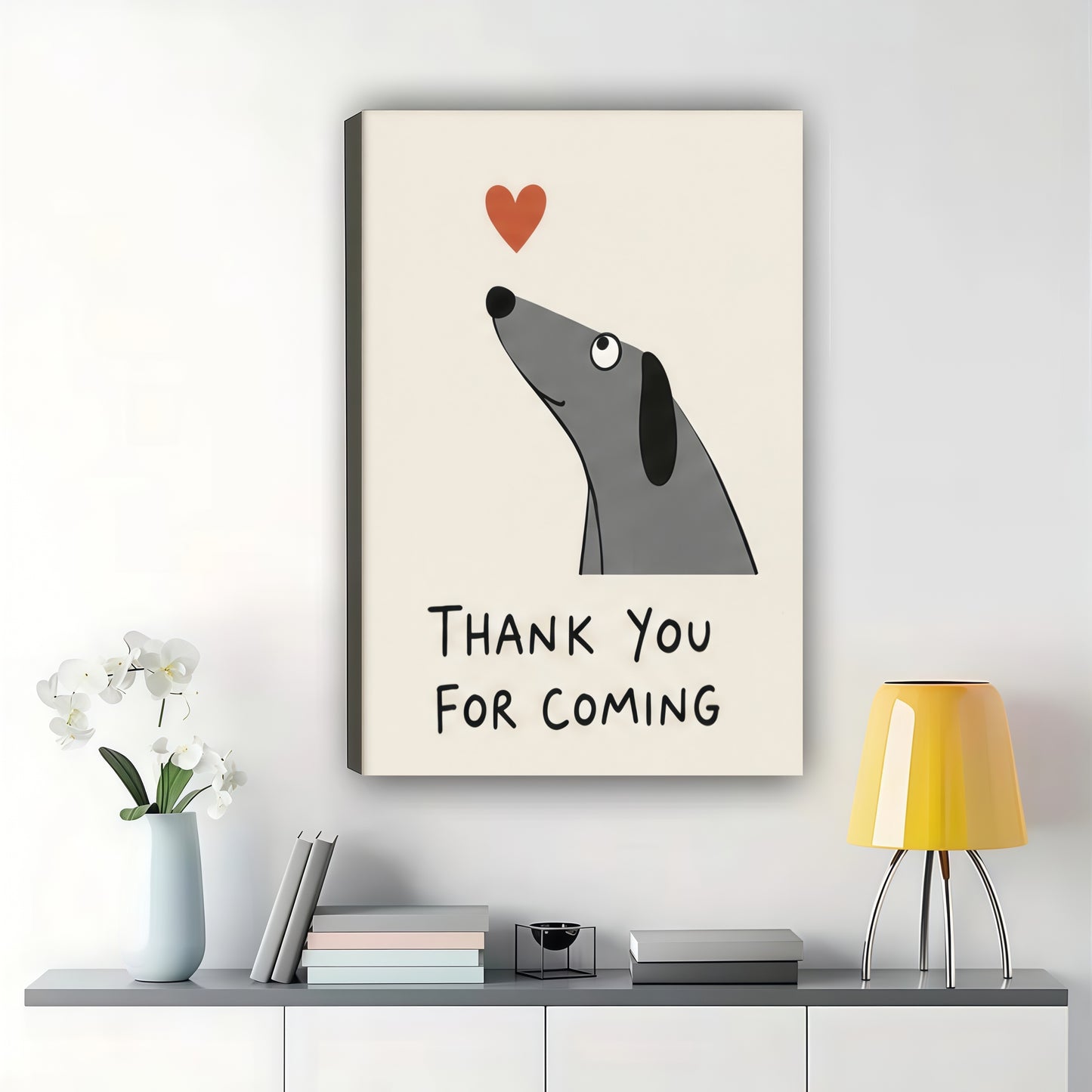 Sausage Dog "Thank You For Coming" Wall Art – Cute Guest Bathroom Canvas Print on Black Wood Frame | W2262