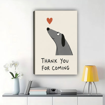 Sausage Dog "Thank You For Coming" Wall Art – Cute Guest Bathroom Canvas Print on Black Wood Frame | W2262