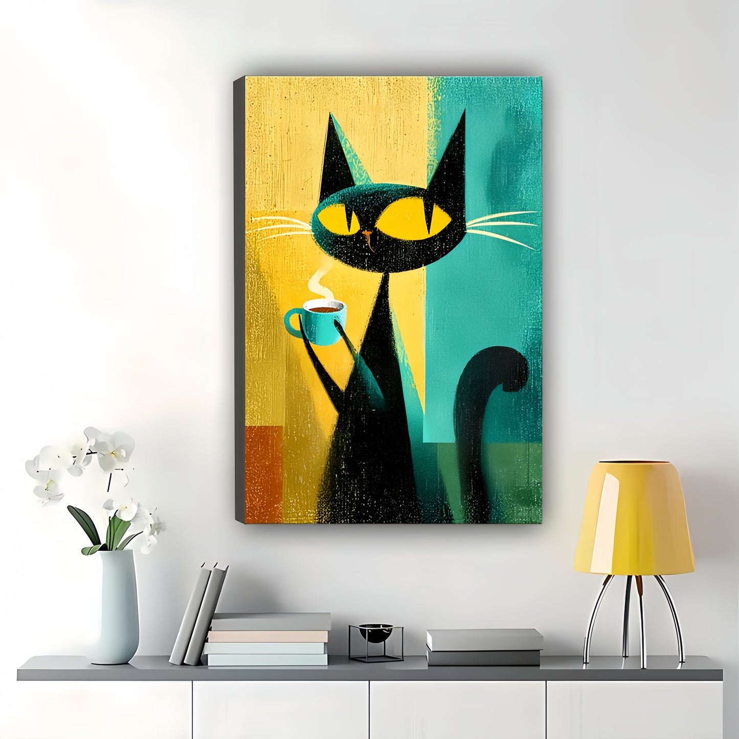 Retro Color-Block Black Cat with Coffee Cup Illustration – Cozy Vintage Wall Art on Natural Wood Canvas | W689