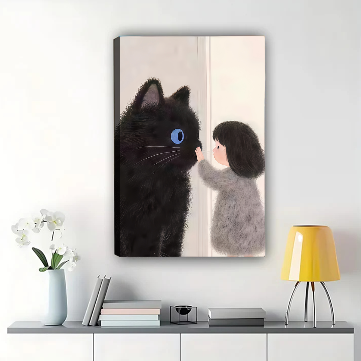 Girl with Black Cat Wall Art - Whimsical Children's Room Decor|W1103