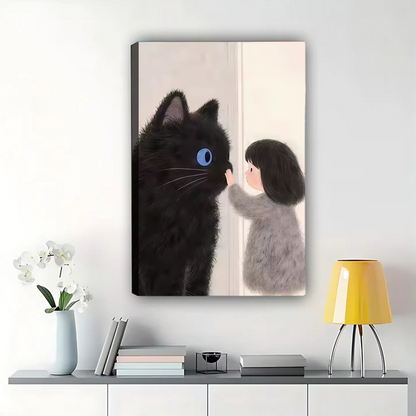 Girl with Black Cat Wall Art - Whimsical Children's Room Decor|W1103