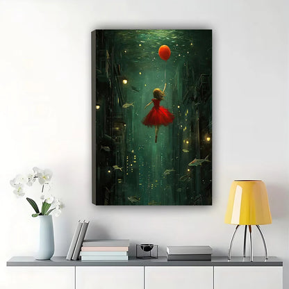 Girl with Red Balloon Underwater Wall Art – Surreal Green Cityscape Canvas Print on Natural Wood Frame | W2424
