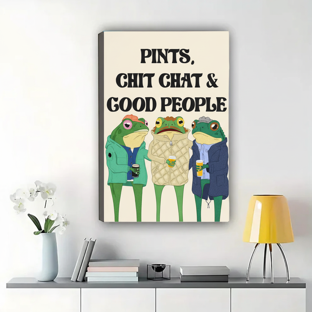 Pints, Chit Chat & Good People Frogs Wall Art – Funny Quote Canvas Print on Natural Wood Frame | W2225