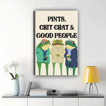 Pints, Chit Chat & Good People Frogs Wall Art – Funny Quote Canvas Print on Natural Wood Frame | W2225
